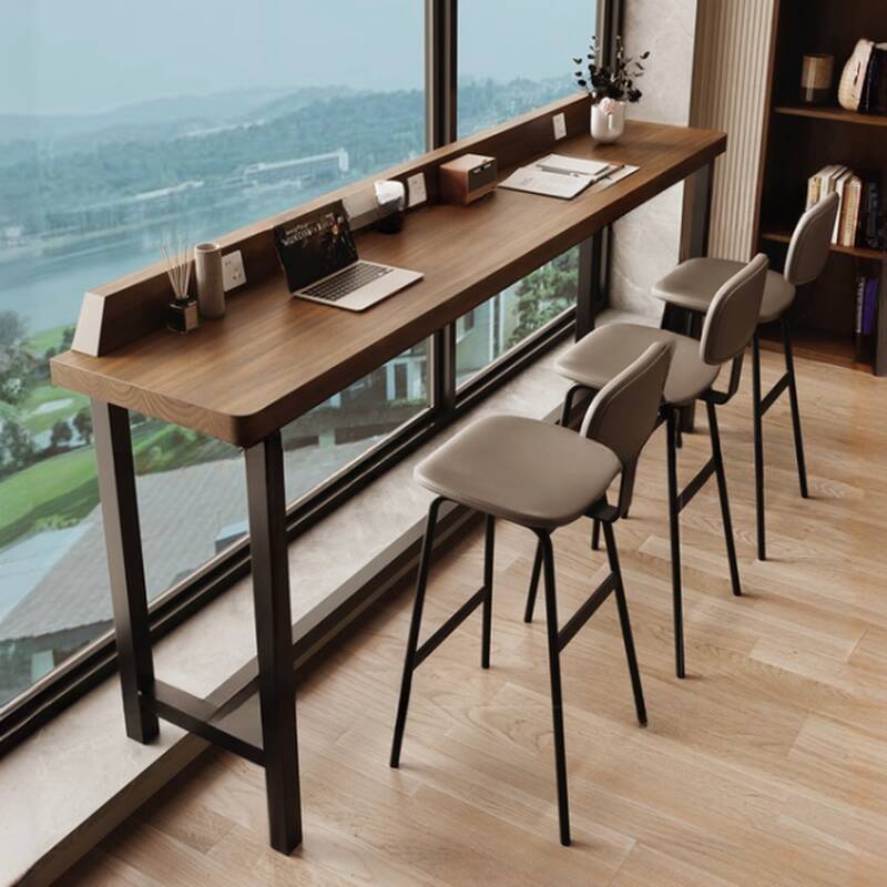 Casual Wooden Pub Table with Trestle Base, Brown Rectangle Top and Foot Support