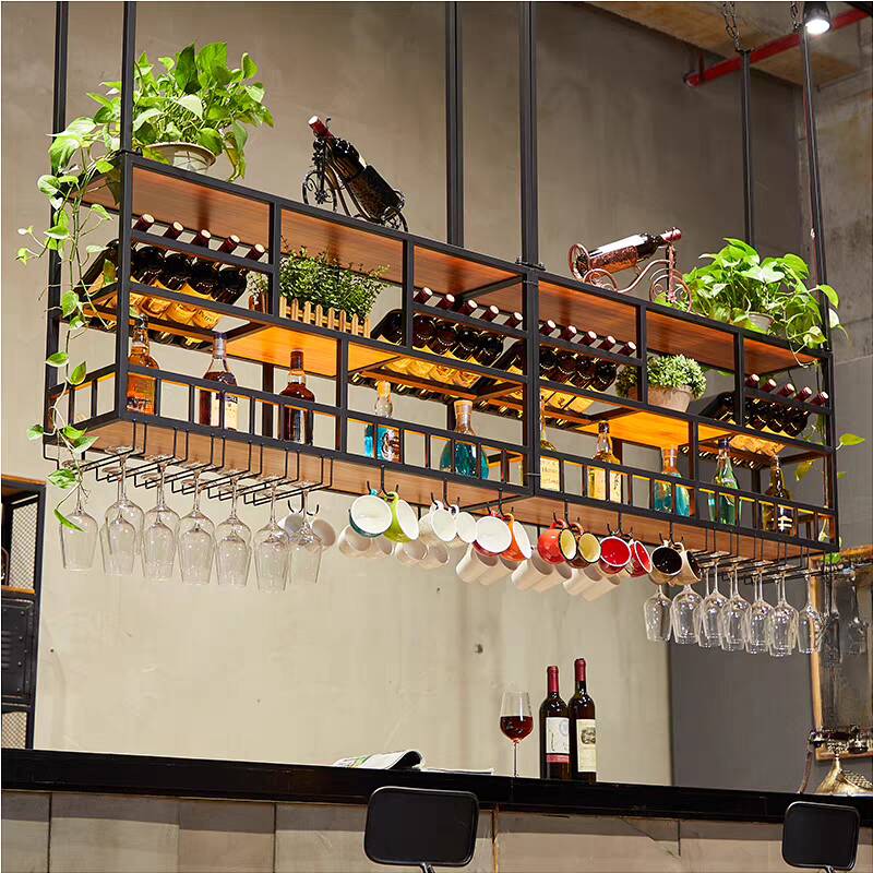Iron Ceiling Mount Wine Bottle & Glass Rack with Shelf