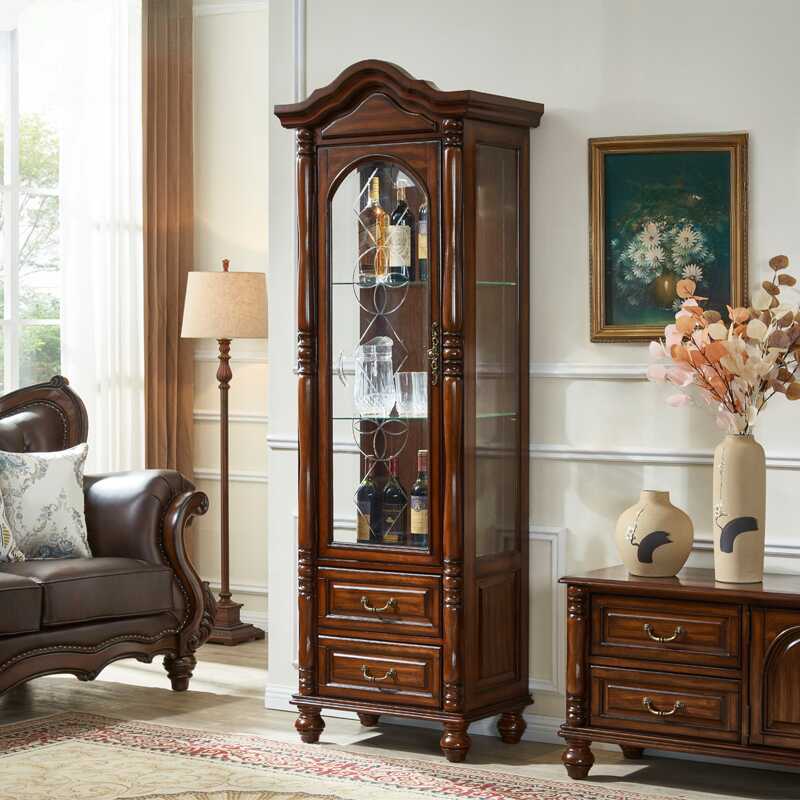 Vintage Style Unfixed Design Wine Cabinet with Shelf, Compartment, and Glass Doors